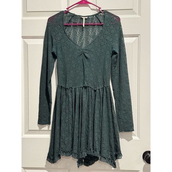 Intimately Free People Marsha Floral Lace Sheer Long Sleeve Forest Green Dress S - Picture 1 of 10
